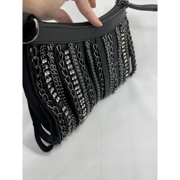 Cache Black Purse Clutch D For Shoulder Strap Zipper rhinestone chain embellish - Picture 10 of 12